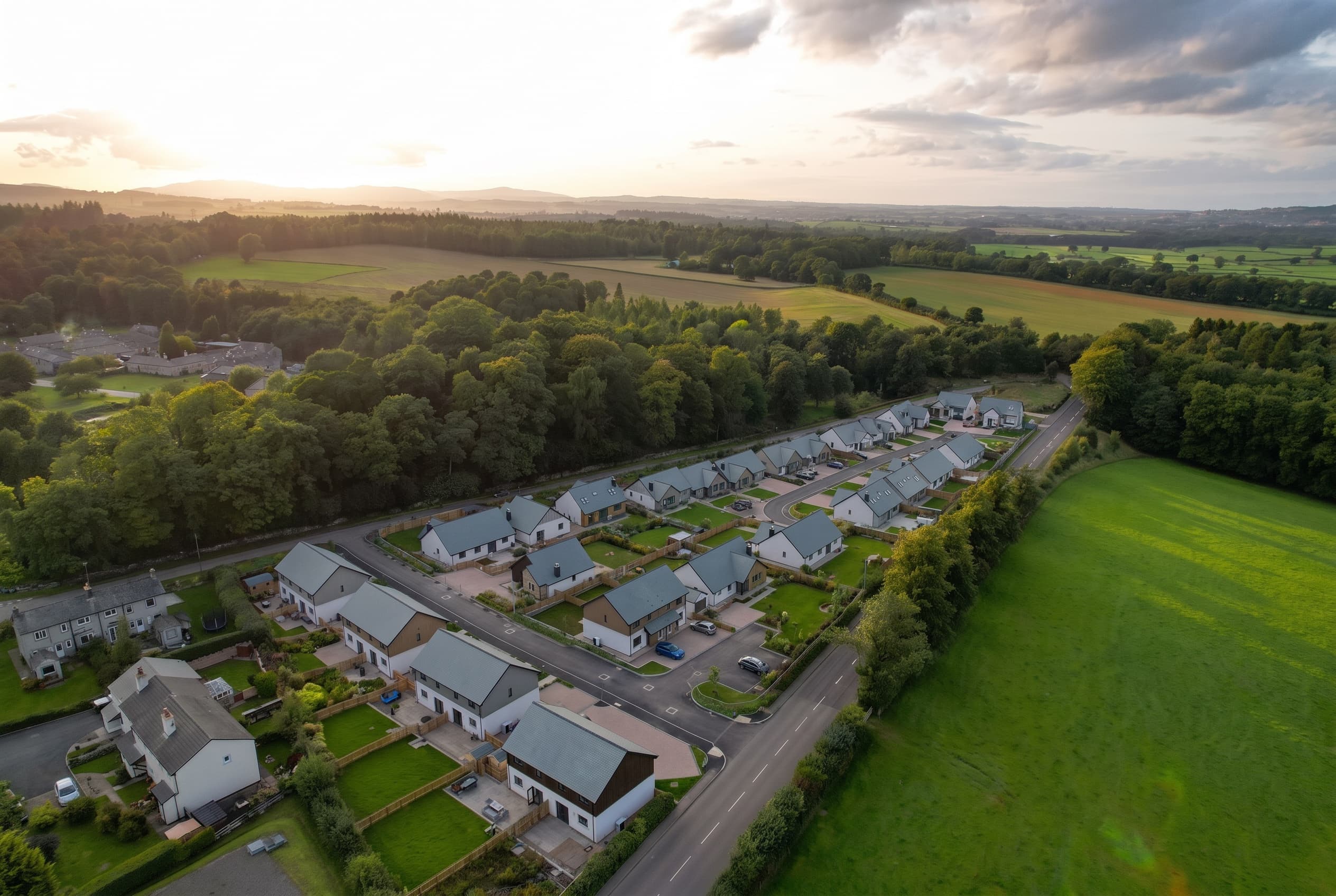 Aerial view of the completed Hackthorpe development at sunset — slate-roofed homes set among fields, woodland and the fells beyond