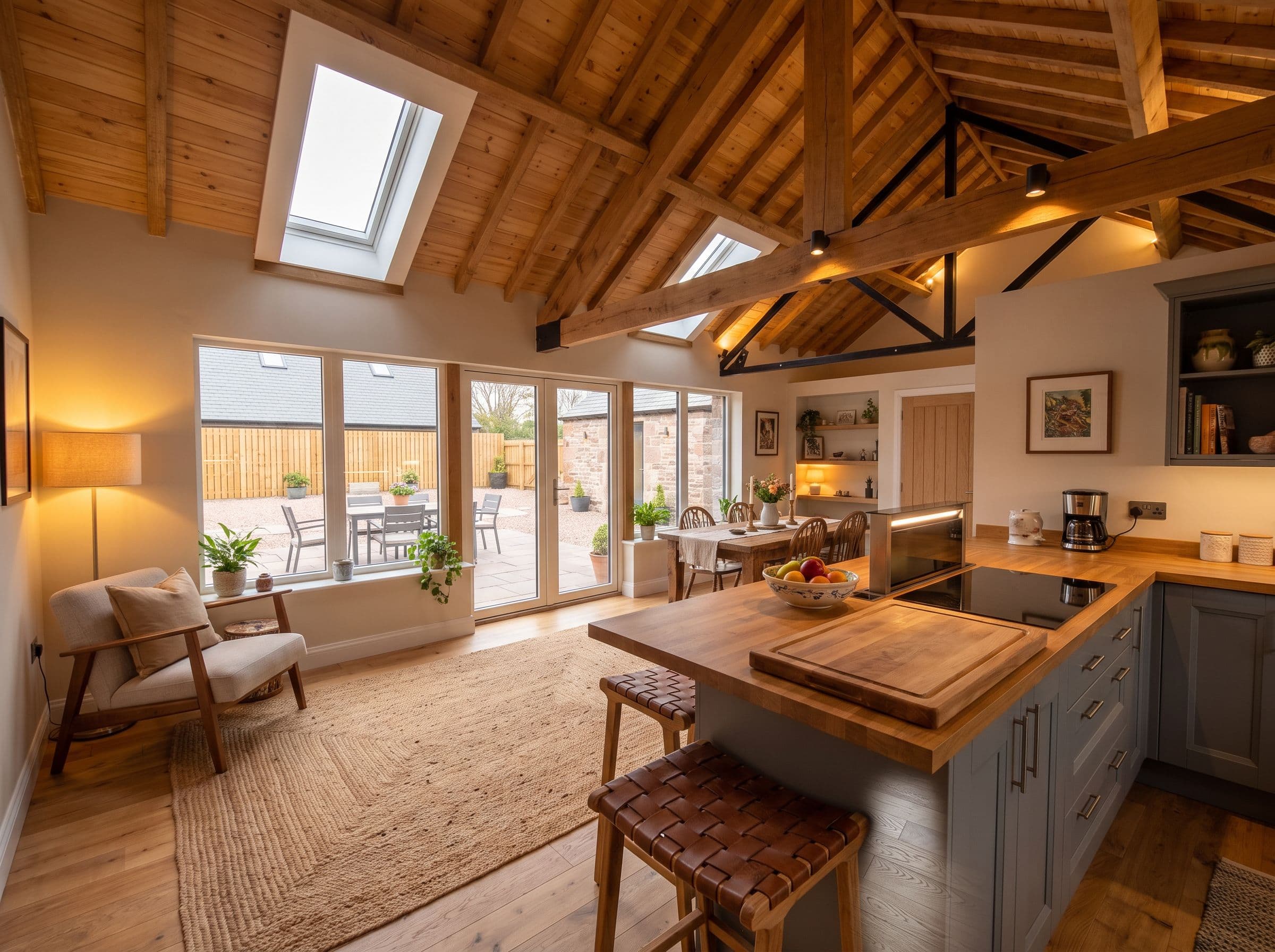 A bespoke open-plan living space under an exposed timber roof, opening onto a terrace
