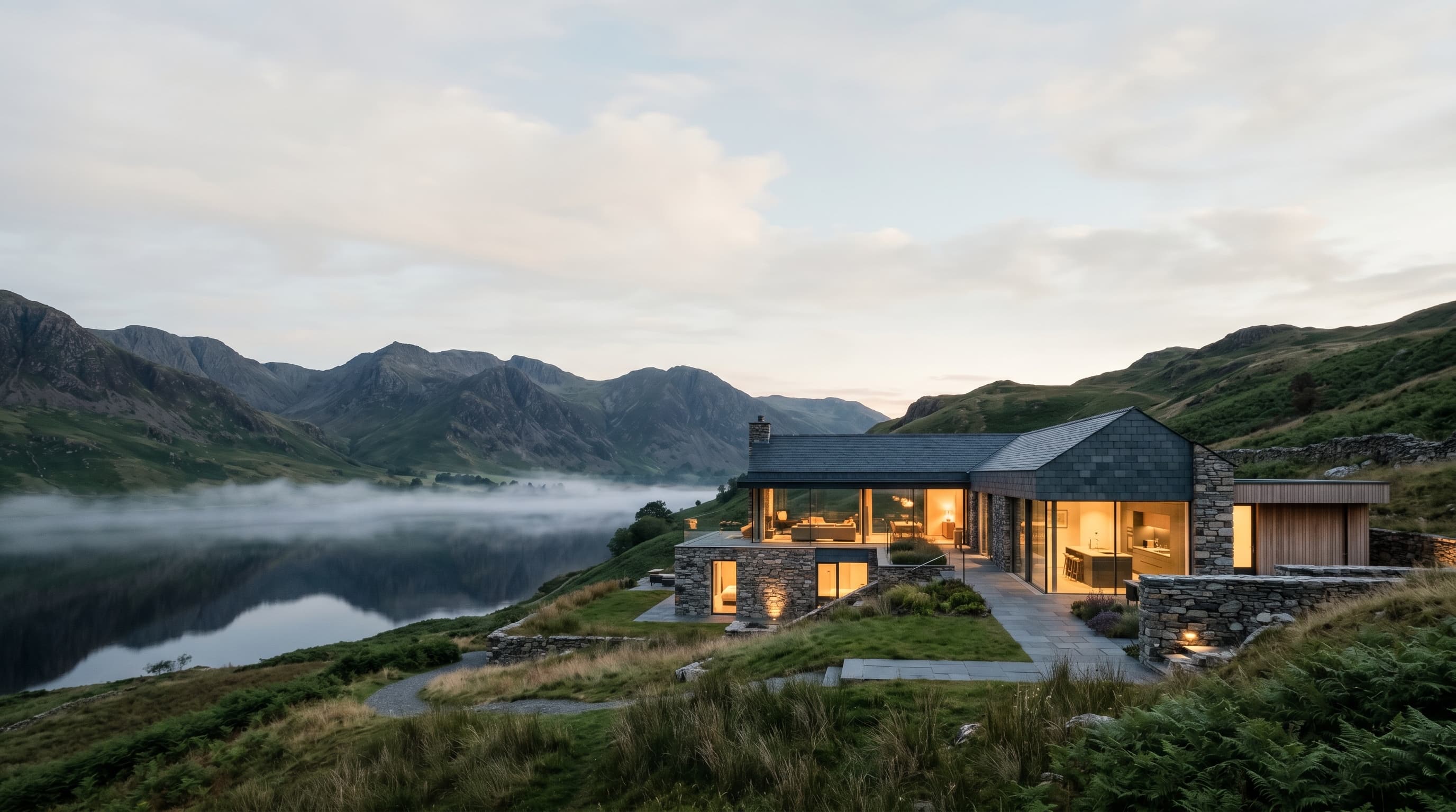 A contemporary Stoneswood home of Lakeland stone and glass set above a misted lake in the Lake District fells at dusk